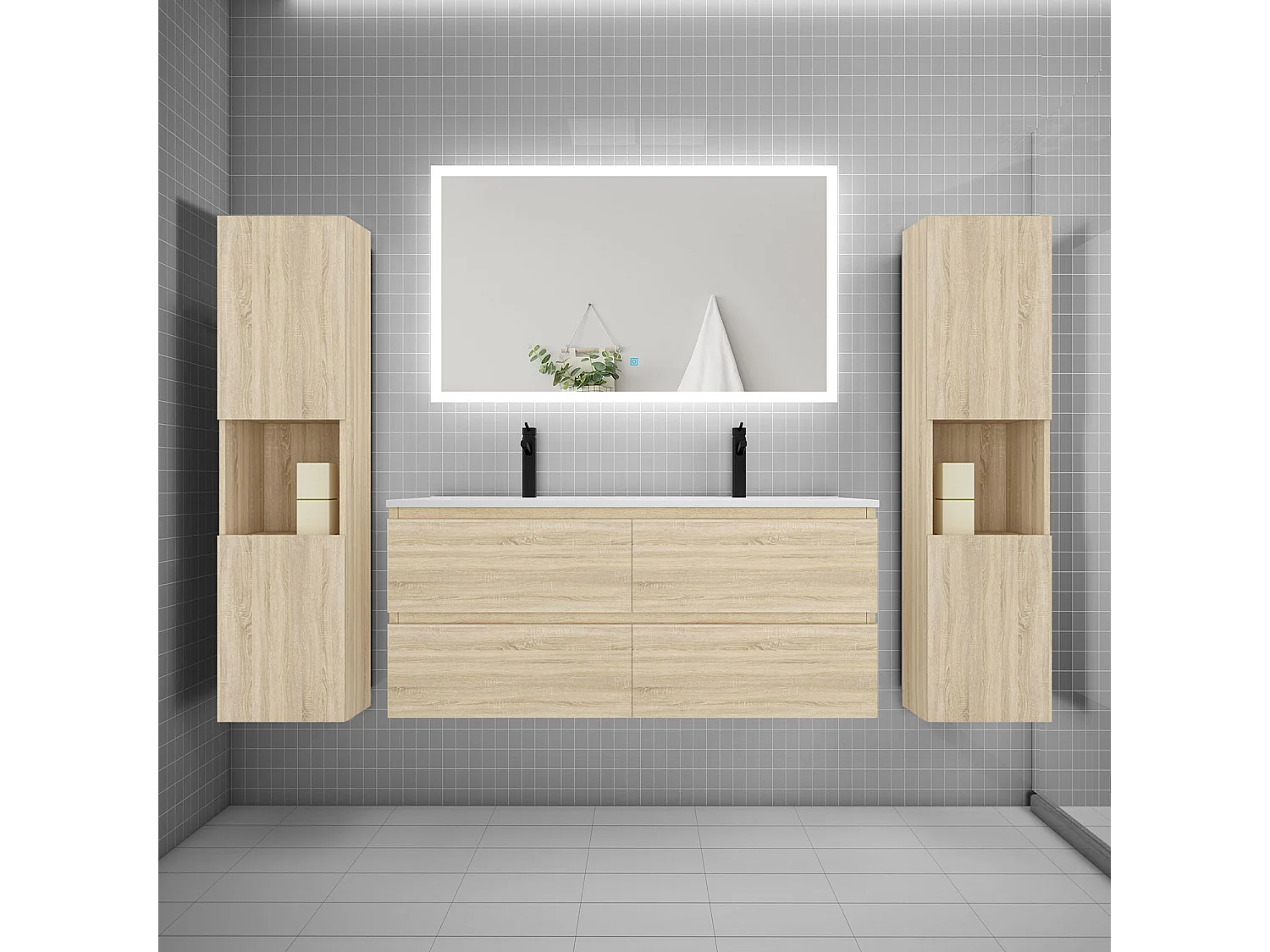 Ensemble meuble de salle de bains 120cm, double vasque + colonne + LED miroir rectangulaire,chêne