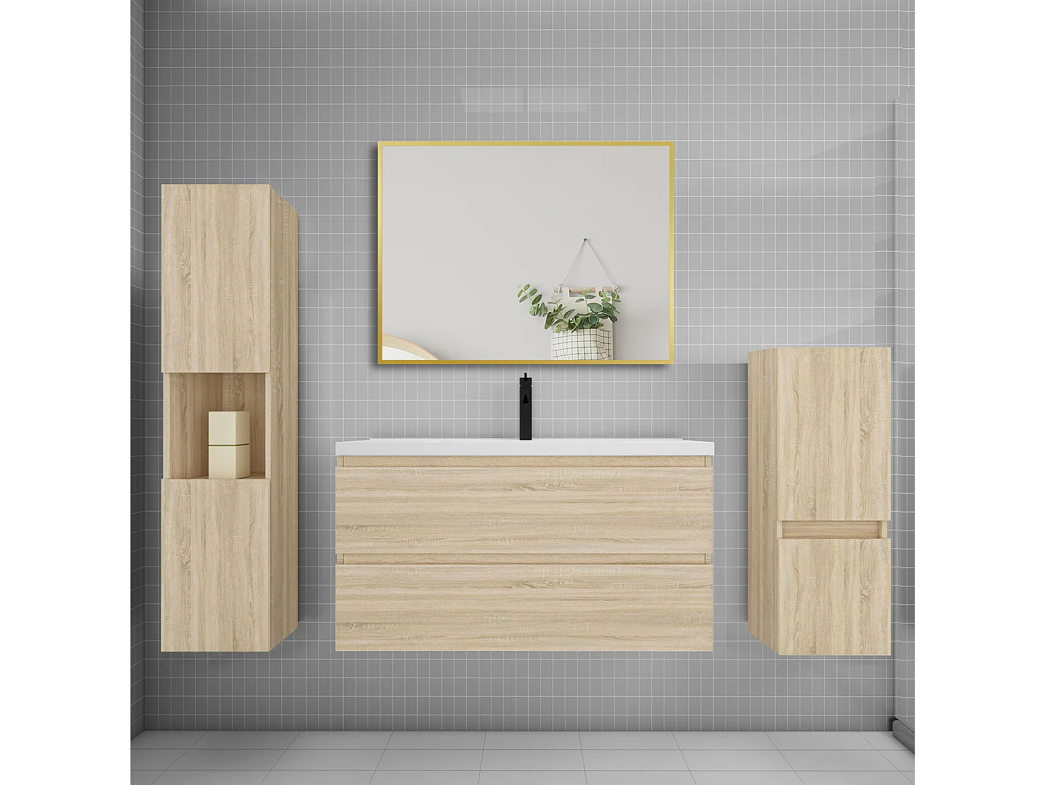 Ensemble meuble de salle de bains 100cm vasque + colonne x2 + miroir,chêne
