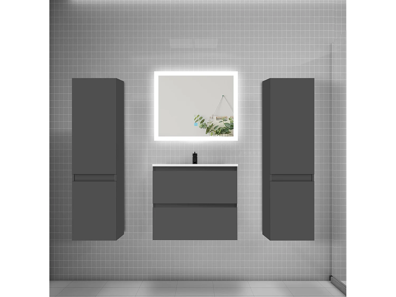 Ensemble meuble de salle de bains 60cm, vasque + colonne + miroir rectangulaire,anthracite