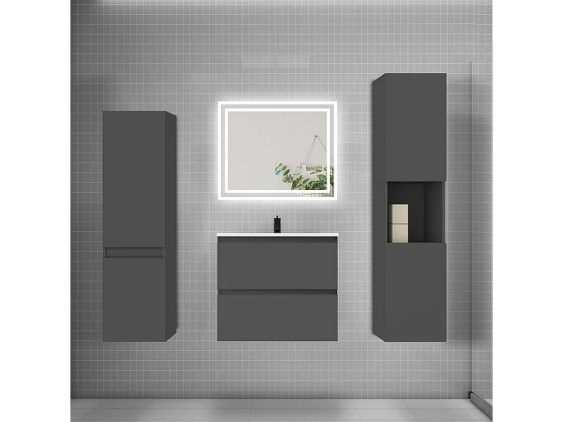 Ensemble meuble de salle de bains 60cm, vasque et colonne et LED miroir,anthracite