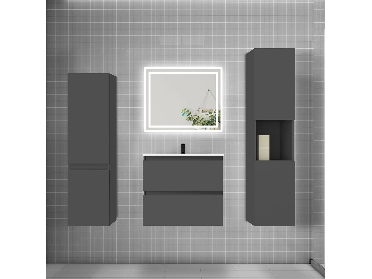 Ensemble meuble de salle de bains 60cm, vasque et colonne et LED miroir,anthracite