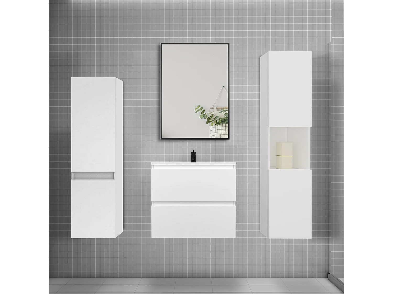 Ensemble meuble de salle de bains 60cm vasque + colonne + miroir mural,blanc