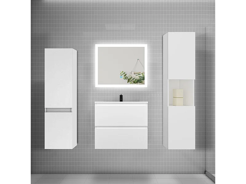 Ensemble meuble de salle de bains 60cm, vasque et colonne et LED miroir rectangulaire,blanc