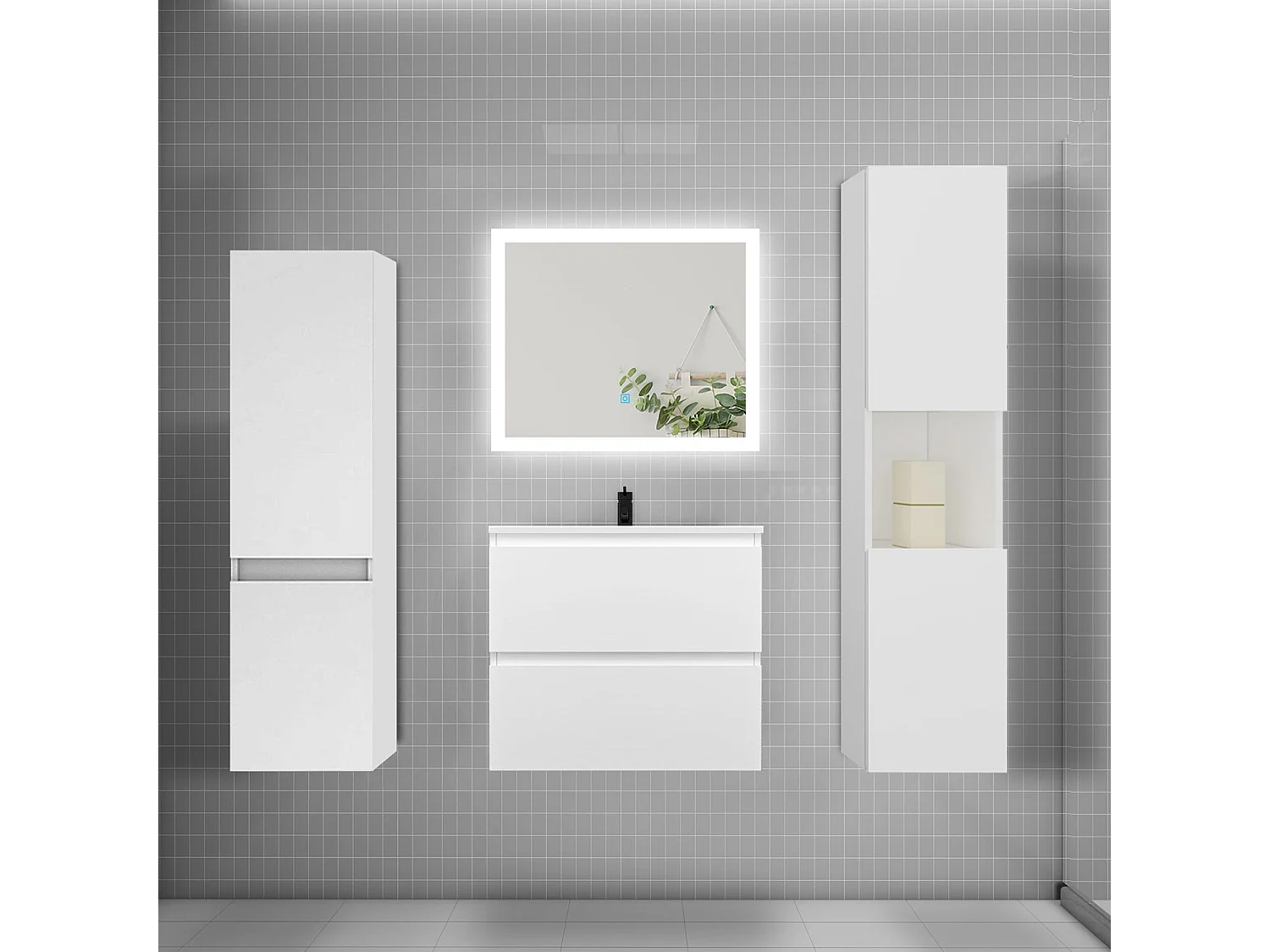 Ensemble meuble de salle de bains 60cm, vasque et colonne et LED miroir rectangulaire,blanc