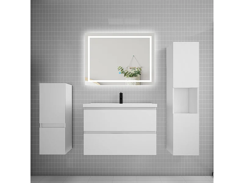 Ensemble meuble de salle de bain 80cm, vasque + colonne + LED miroir,blanc