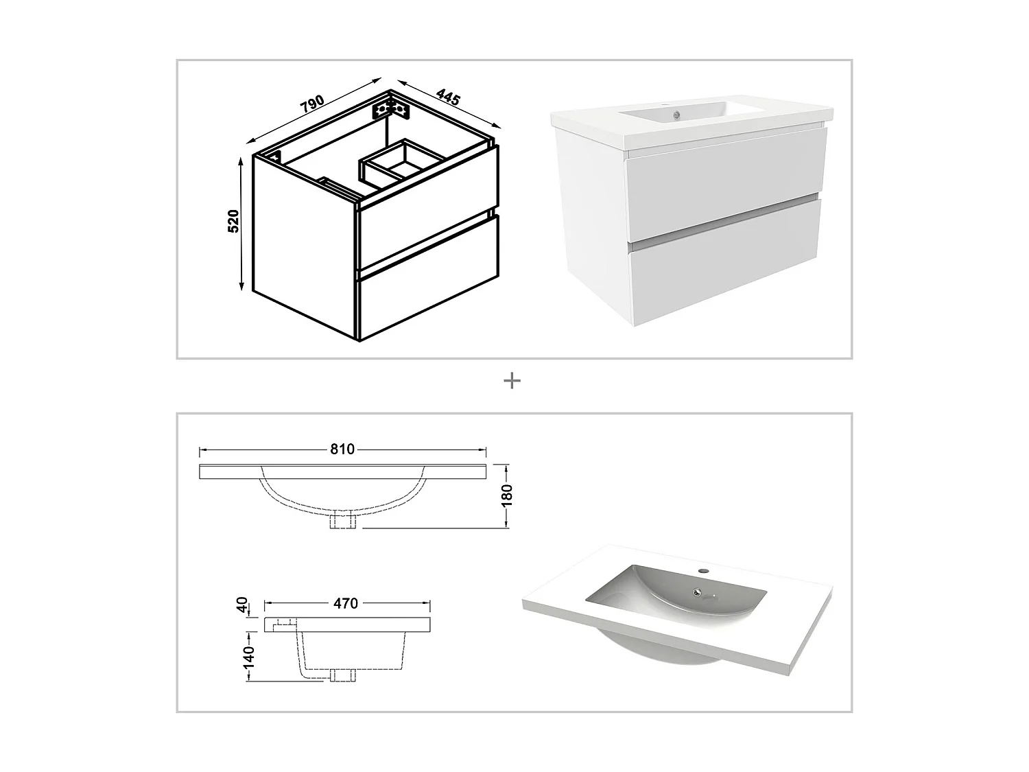 Ensemble meuble de salle de bain 80cm, vasque + colonne + LED miroir,blanc