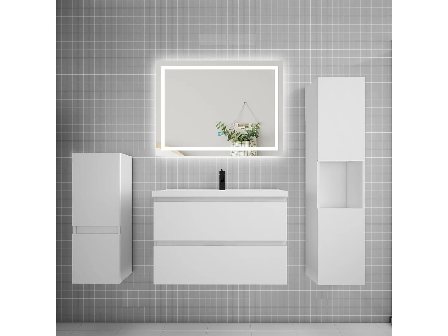Ensemble meuble de salle de bain 80cm, vasque + colonne + LED miroir,blanc