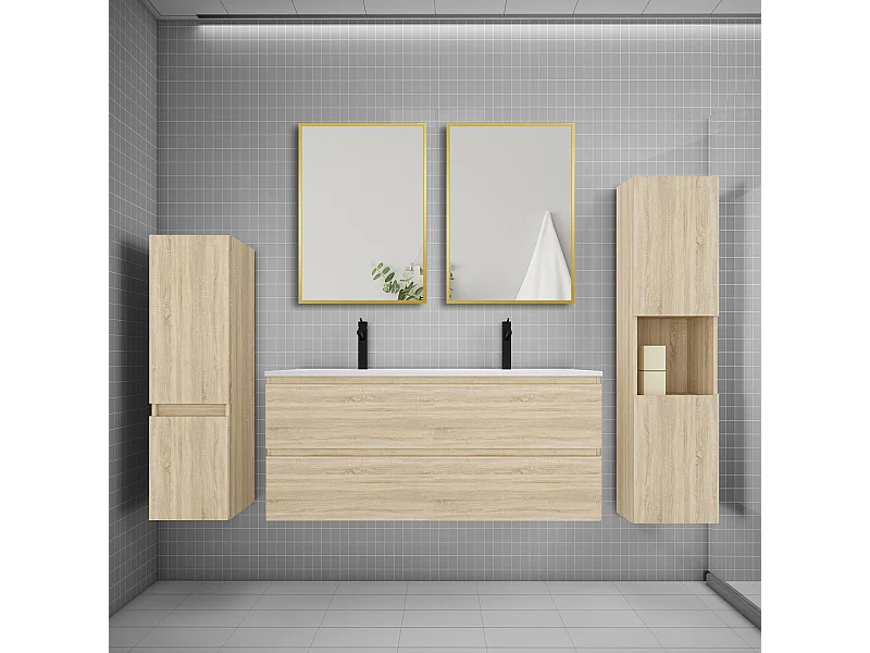 Ensemble meuble de salle de bains 120cm vasque + colonne + miroir mural,chêne