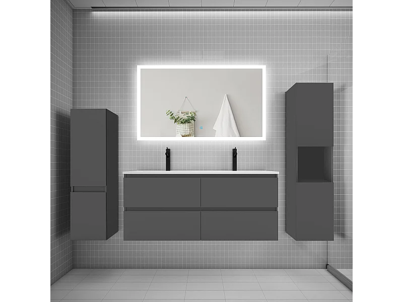 Ensemble meuble de salle de bains 120cm, double vasque et colonne et LED miroir rectangulaire,anthracite