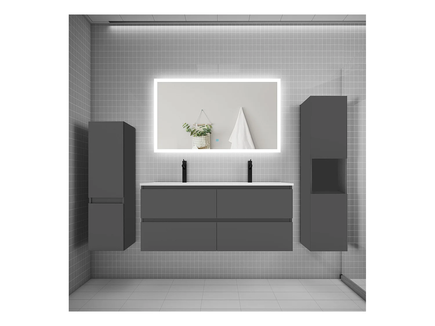 Ensemble meuble de salle de bains 120cm, double vasque et colonne et LED miroir rectangulaire,anthracite