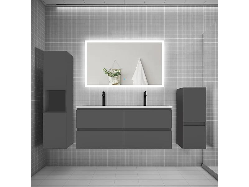 Ensemble meuble de salle de bain 120cm, double vasque + colonne + LED miroir rectangulaire,anthracite
