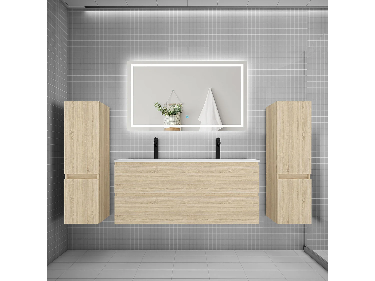Ensemble meuble de salle de bains 120cm, vasque + colonne + LED miroir,chêne