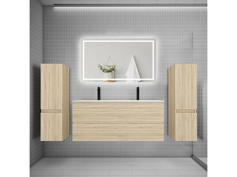 Ensemble meuble de salle de bains 120cm, vasque + colonne + LED miroir,chêne