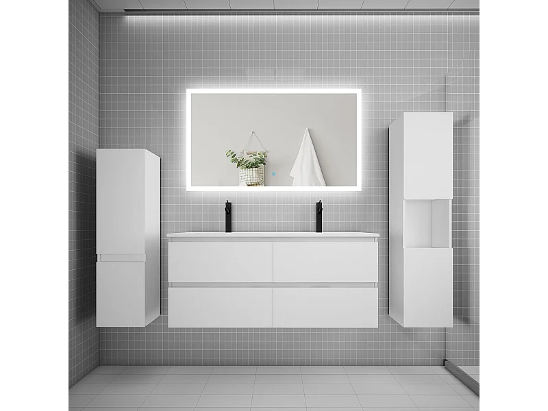 Ensemble meuble de salle de bains 120cm, double vasque et colonne et LED miroir rectangulaire,blanc
