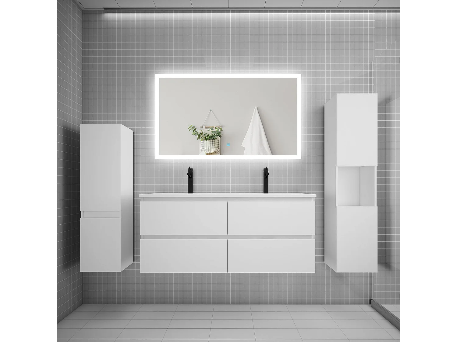Ensemble meuble de salle de bains 120cm, double vasque et colonne et LED miroir rectangulaire,blanc
