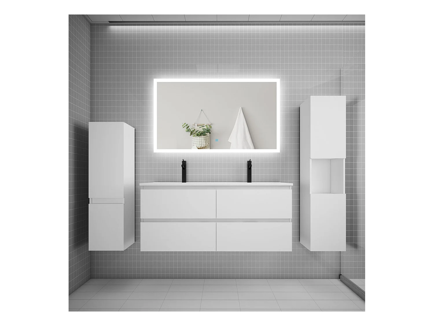 Ensemble meuble de salle de bains 120cm, double vasque et colonne et LED miroir rectangulaire,blanc
