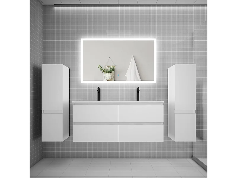 Ensemble meuble de salle de bains 120cm, double vasque + colonne + miroir rectangulaire,blanc