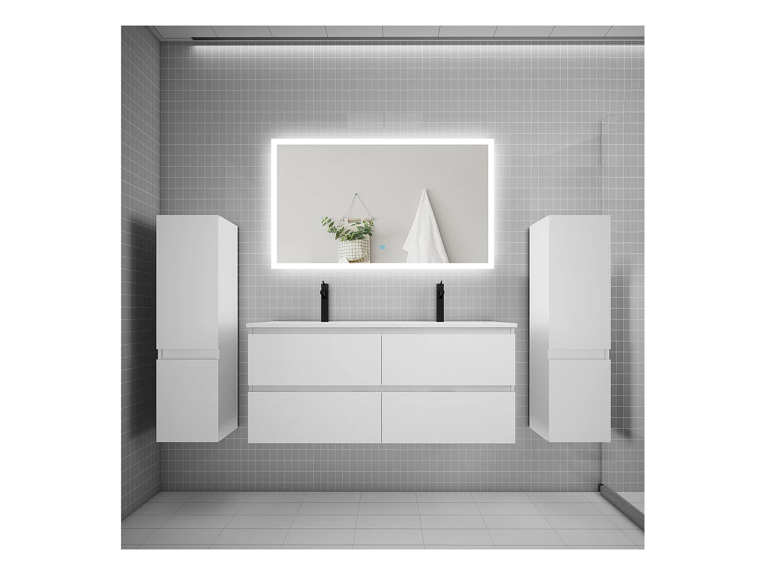 Ensemble meuble de salle de bains 120cm, double vasque + colonne + miroir rectangulaire,blanc