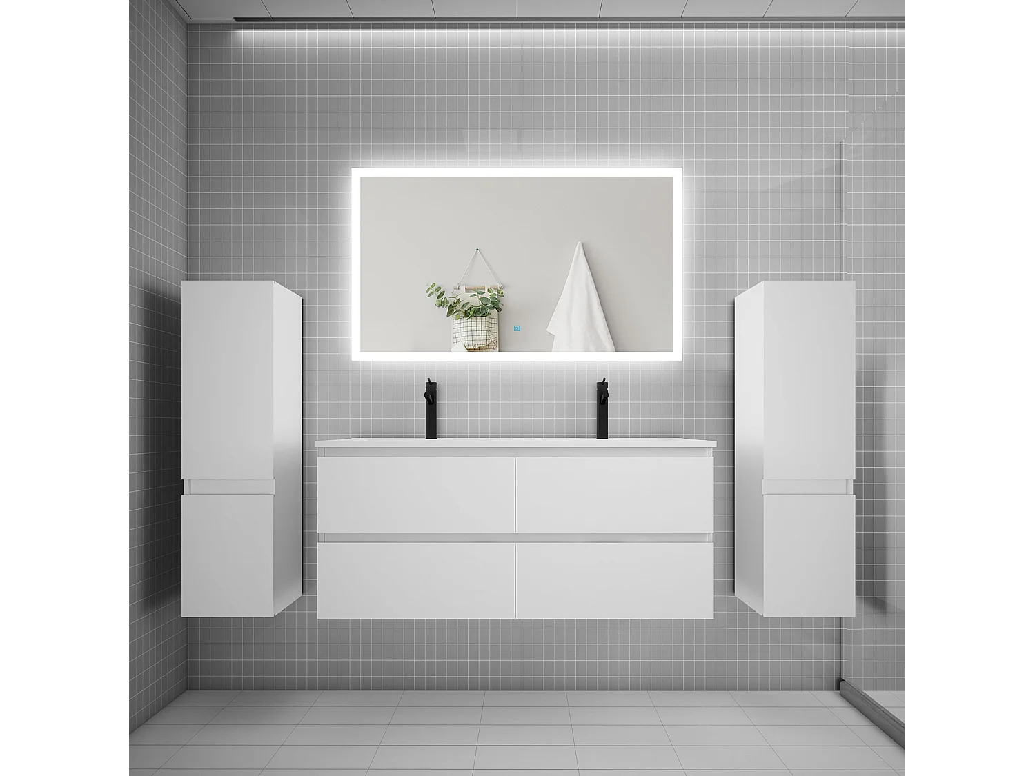 Ensemble meuble de salle de bains 120cm, double vasque + colonne + miroir rectangulaire,blanc