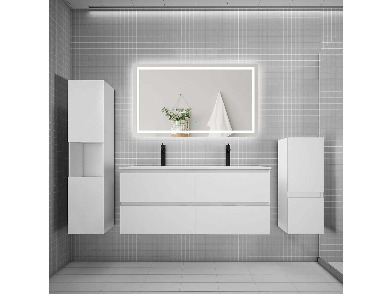 Ensemble meuble de salle de bain 120cm, vasque + colonne + LED miroir,blanc