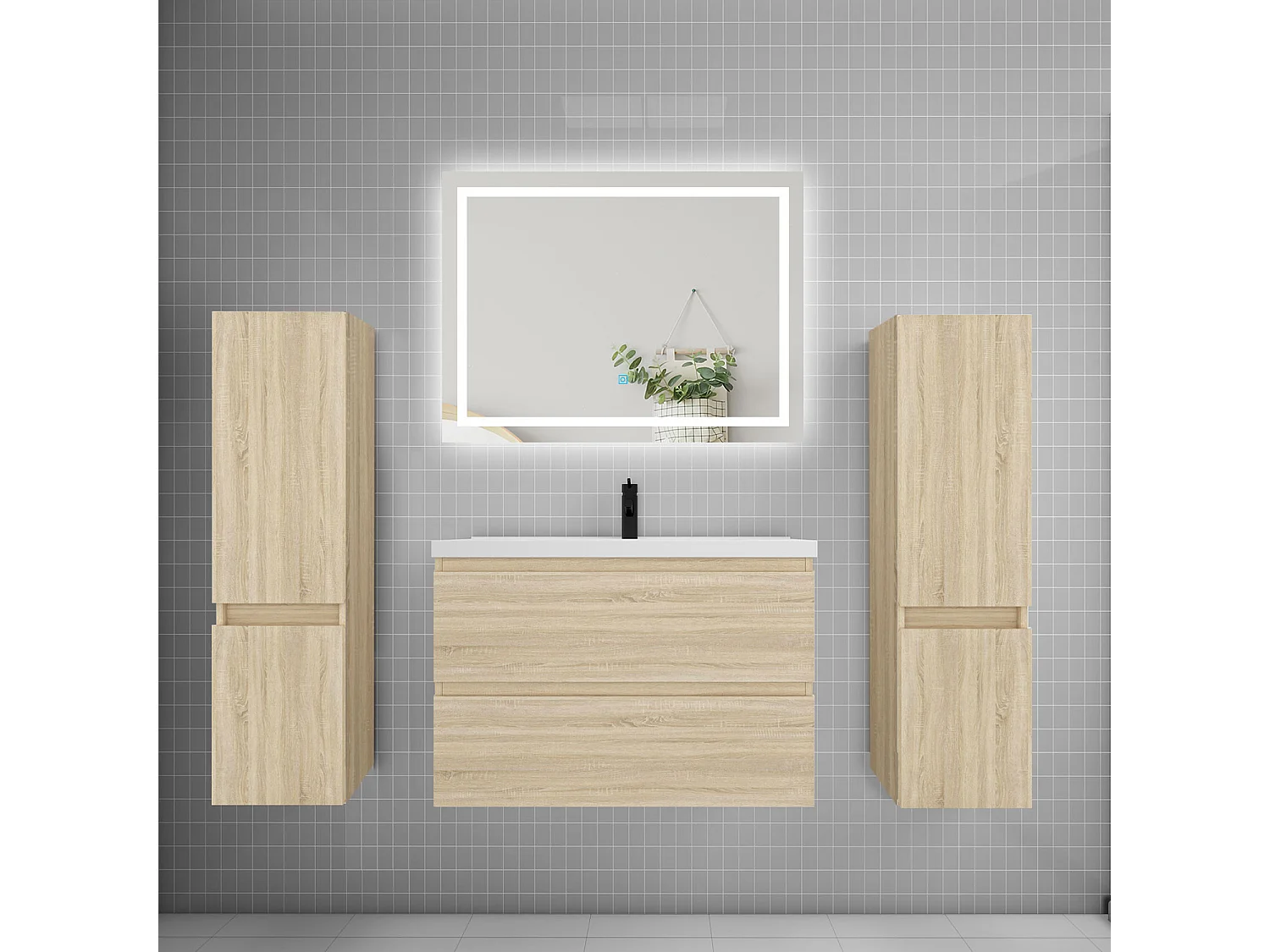 Ensemble meuble de salle de bains 80cm, vasque + colonne + LED miroir,chêne