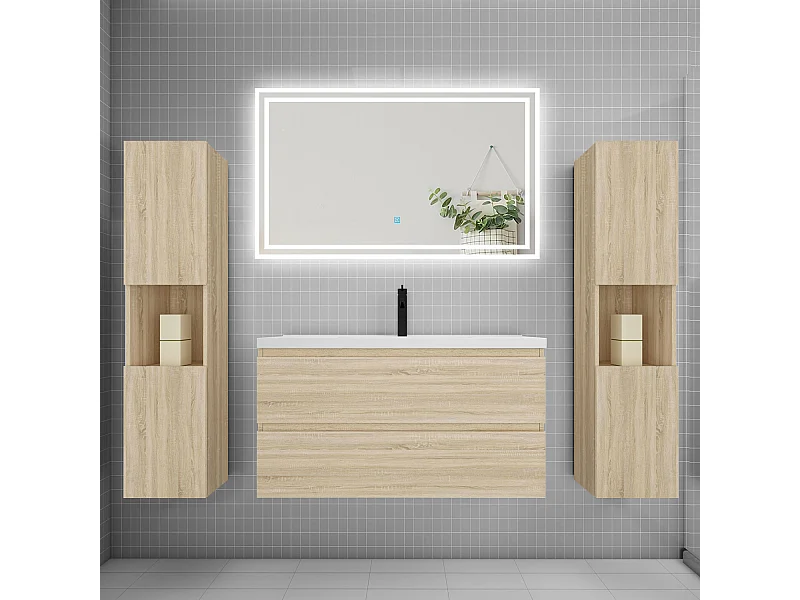 Ensemble meuble de salle de bains 100cm, simple vasque + colonne + LED miroir mural,chêne