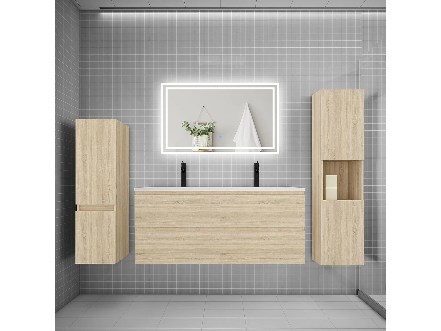 Ensemble meuble de salle de bains 120cm, double vasque et colonne et LED miroir,chêne