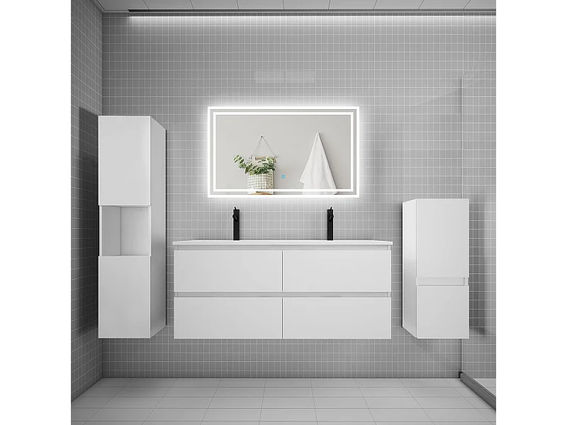 Ensemble meuble de salle de bain 120cm, double vasque + colonne + LED miroir,blanc