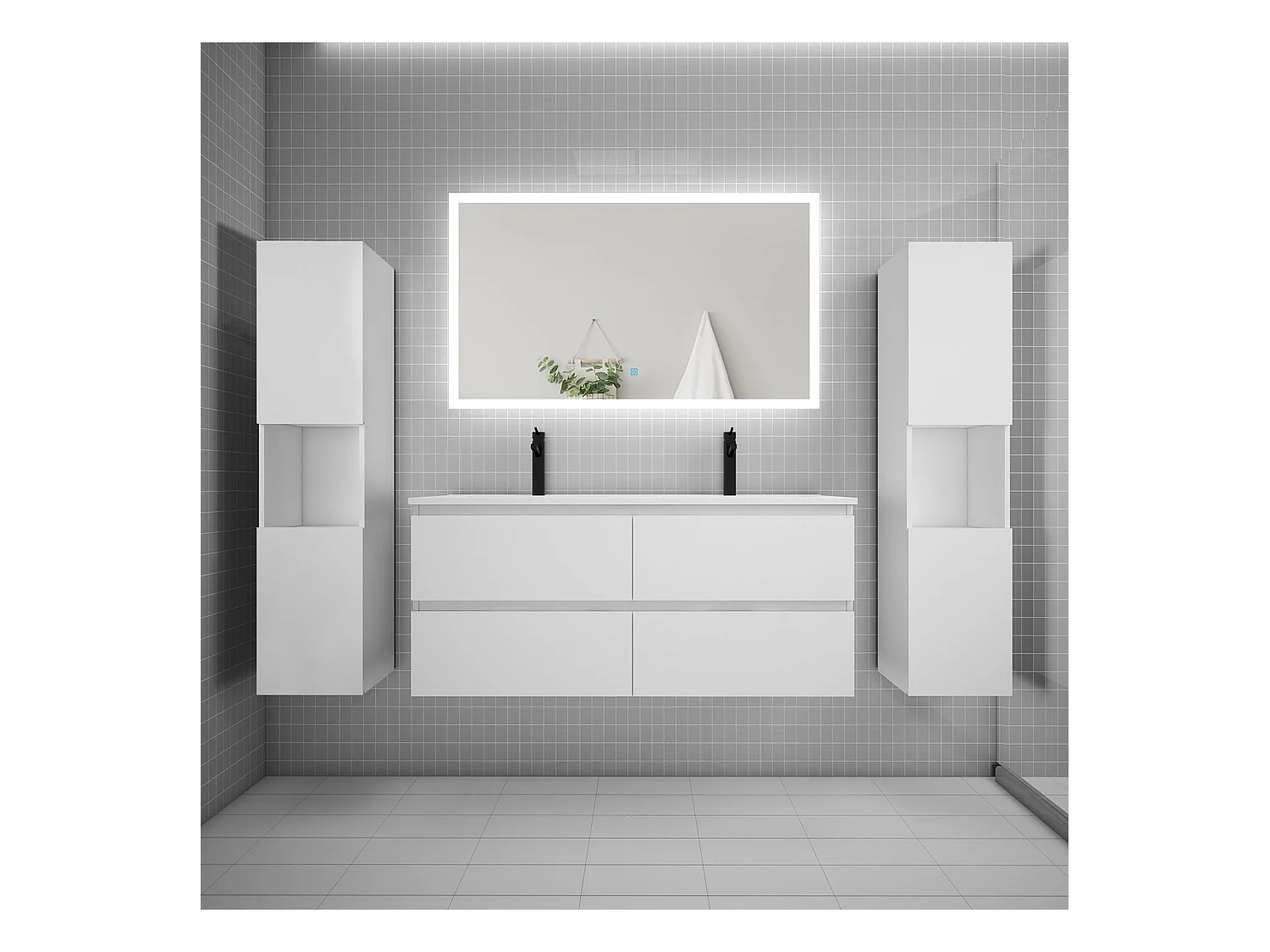 Ensemble meuble de salle de bains 120cm, double vasque + colonne + LED miroir rectangulaire,blanc
