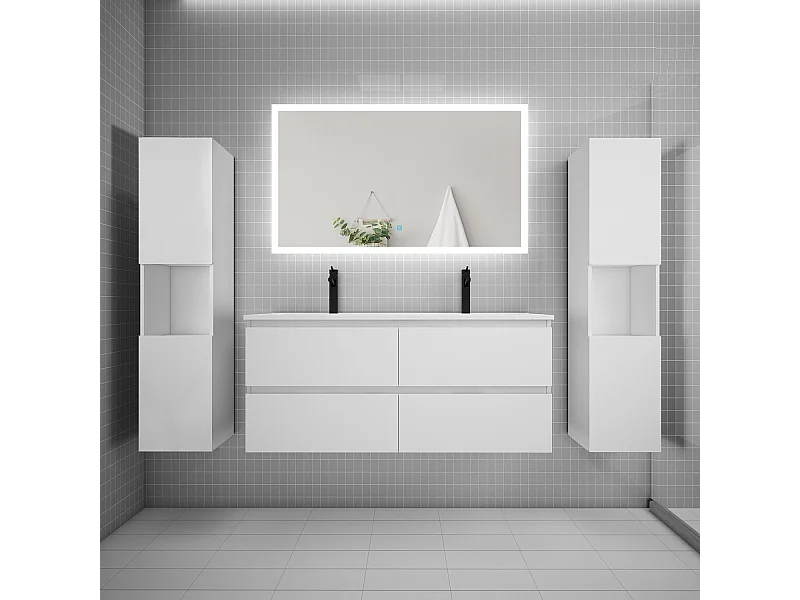 Ensemble meuble de salle de bains 120cm, double vasque + colonne + LED miroir rectangulaire,blanc