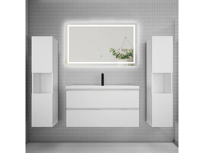 Ensemble meuble de salle de bains 100cm, vasque + colonne + LED miroir mural,blanc