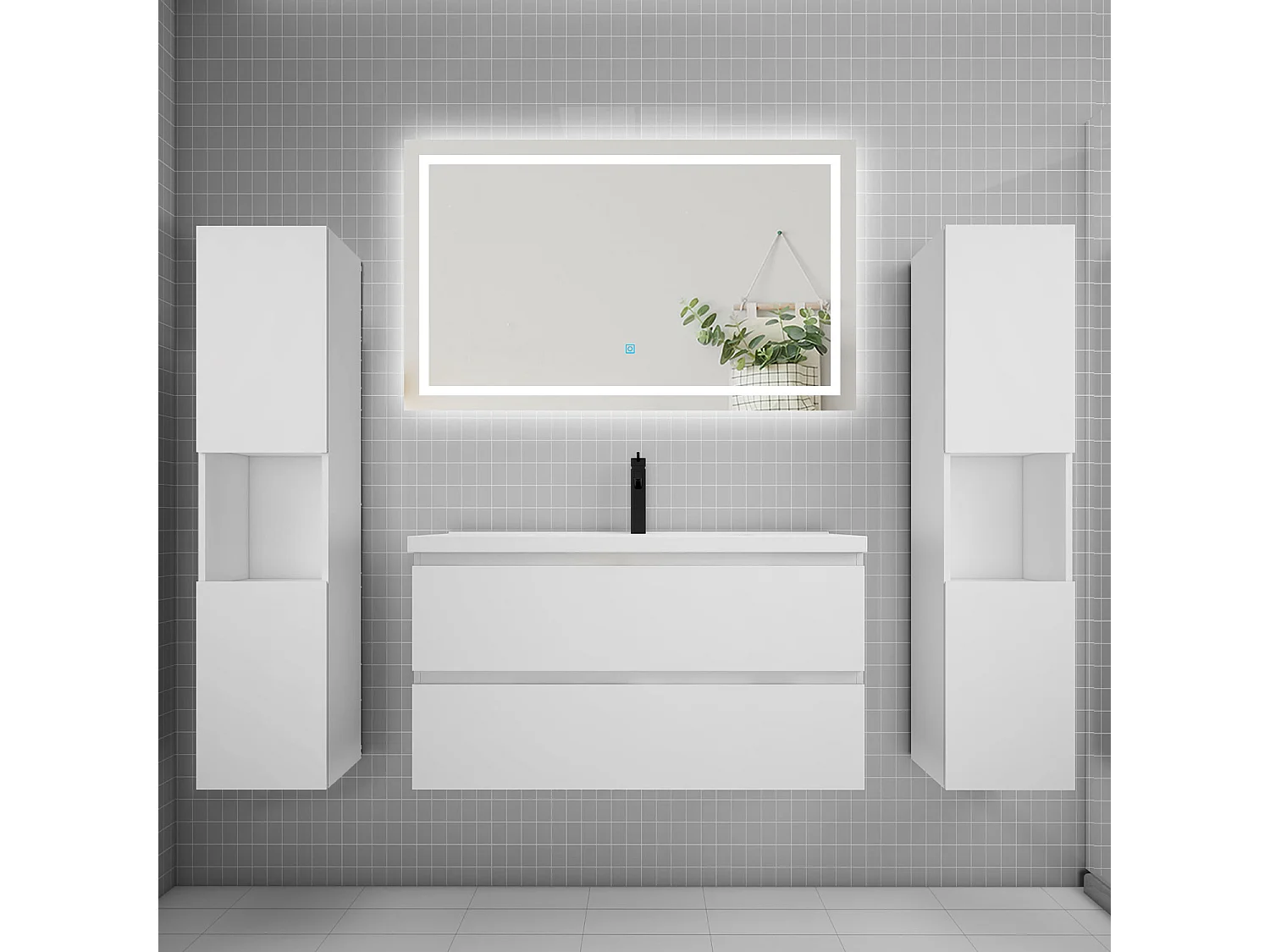 Ensemble meuble de salle de bains 100cm, vasque + colonne + LED miroir mural,blanc
