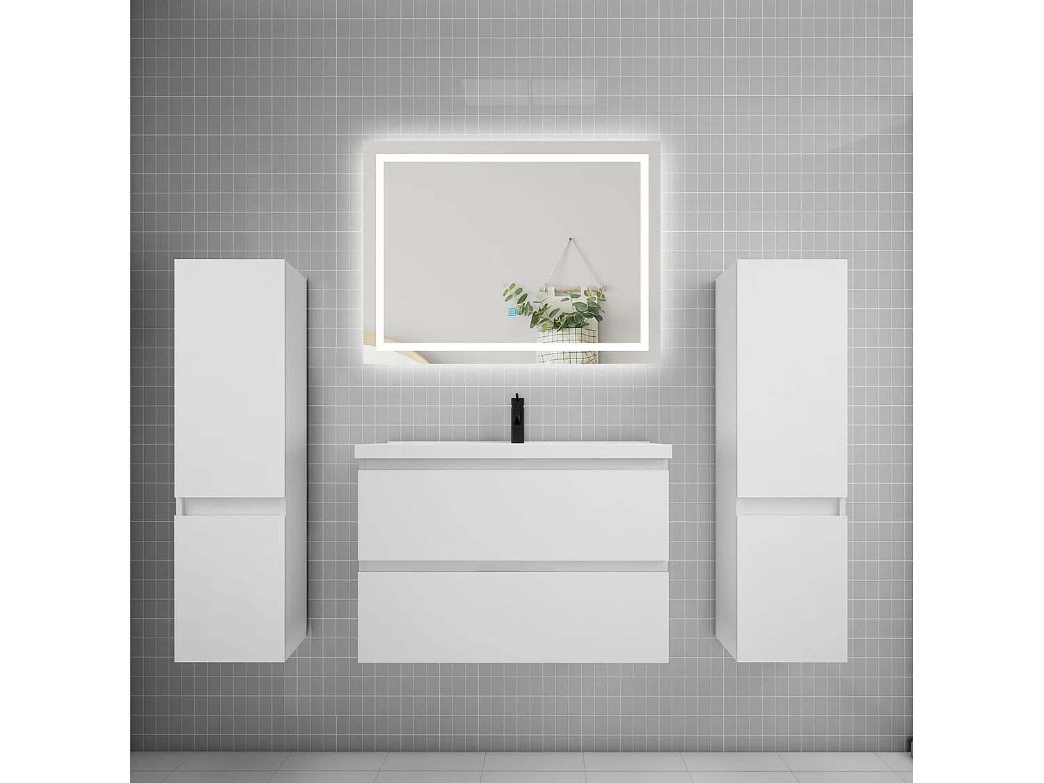 Ensemble meuble de salle de bains 80cm, vasque + colonne + LED miroir,blanc