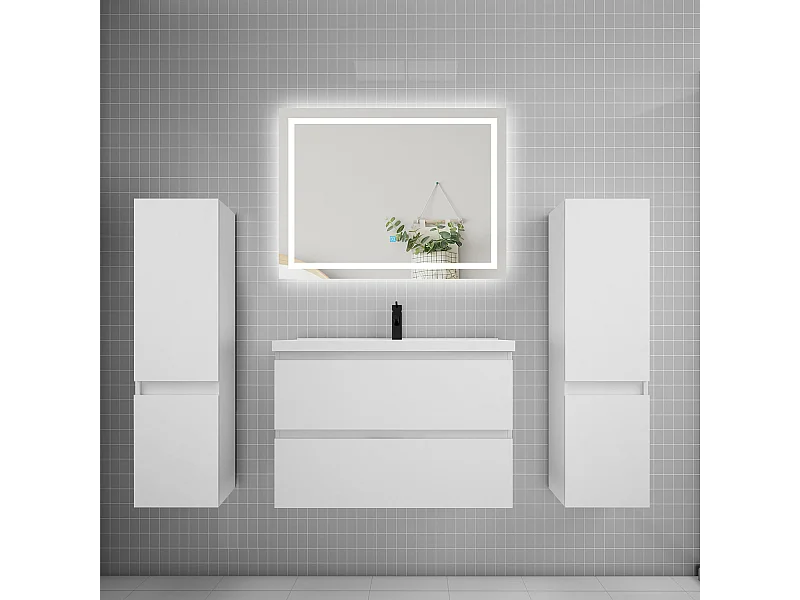 Ensemble meuble de salle de bains 80cm, vasque + colonne + LED miroir,blanc