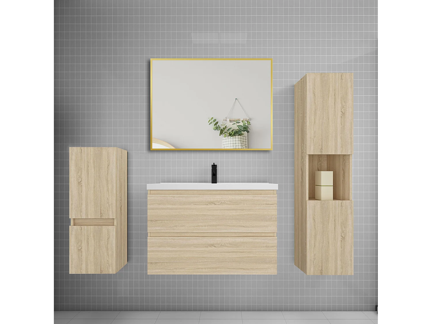 Ensemble meuble de salle de bains 80cm vasque + colonne x2 + miroir,chêne