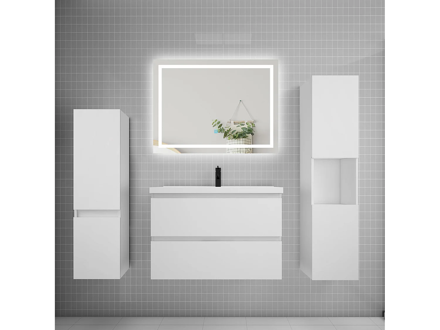 Ensemble meuble de salle de bains 80cm, vasque et colonne et LED miroir,blanc
