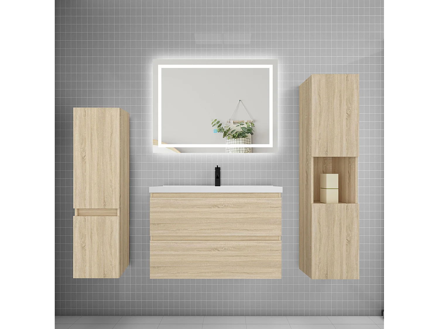 Ensemble meuble de salle de bains 80cm, vasque et colonne et LED miroir,chêne