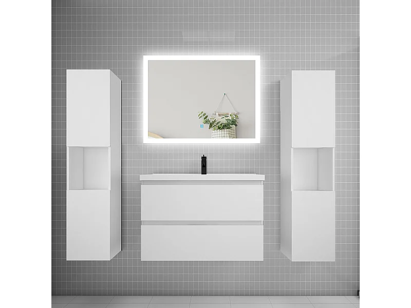 Ensemble meuble de salle de bains 80cm, simple vasque + colonne + LED miroir rectangulaire,blanc