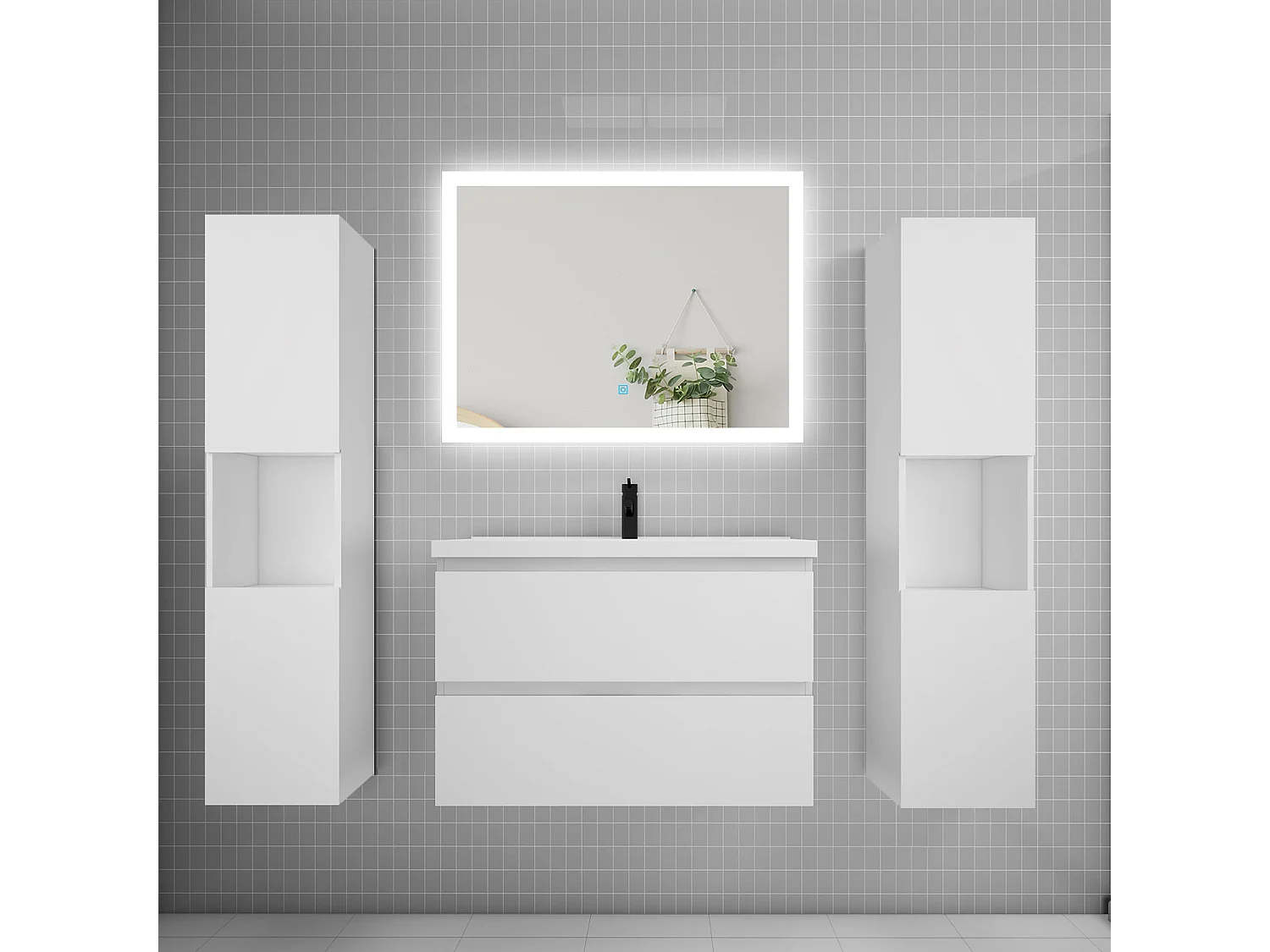 Ensemble meuble de salle de bains 80cm, simple vasque + colonne + LED miroir rectangulaire,blanc