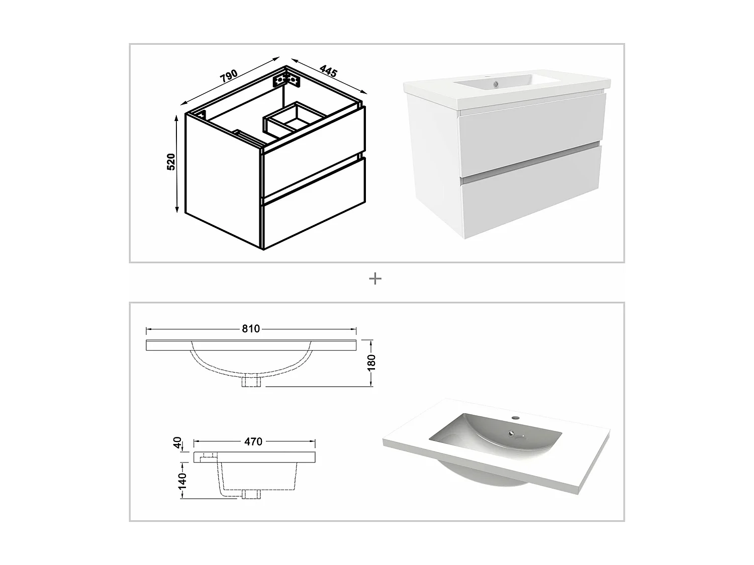 Ensemble meuble de salle de bains 80cm, simple vasque + colonne + LED miroir rectangulaire,blanc