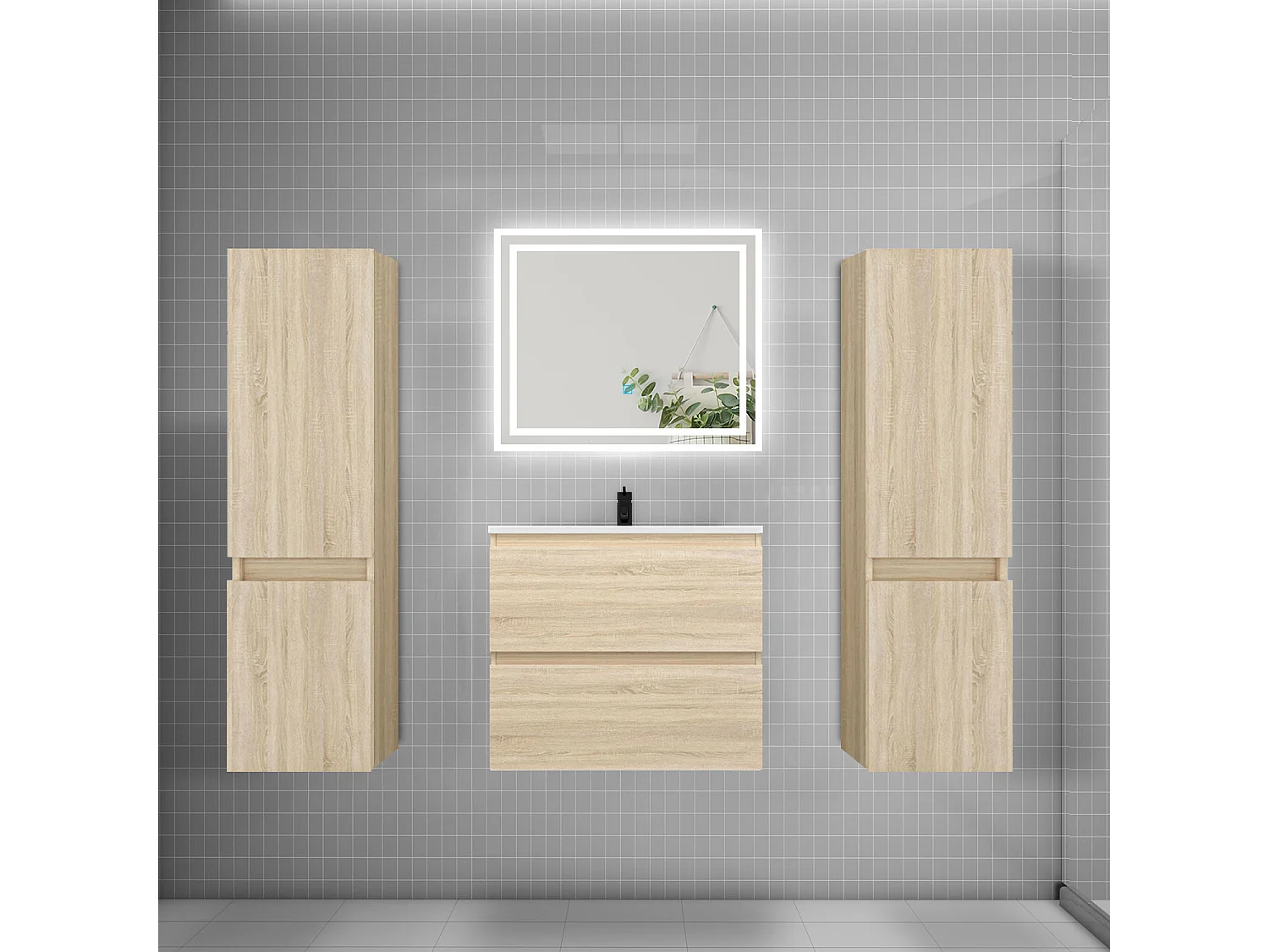 Ensemble meuble de salle de bains 60cm, vasque + colonne + LED miroir,chêne
