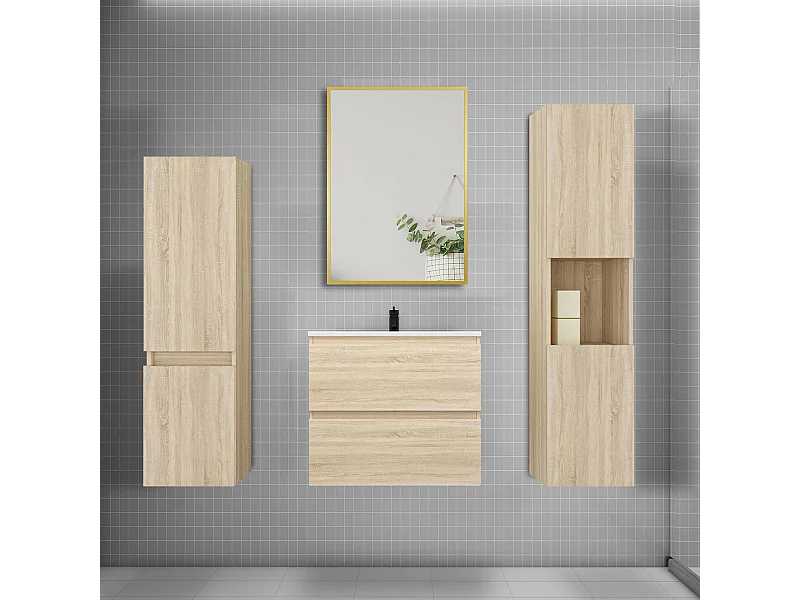 Ensemble meuble de salle de bains 60cm vasque + colonne + miroir mural,chêne