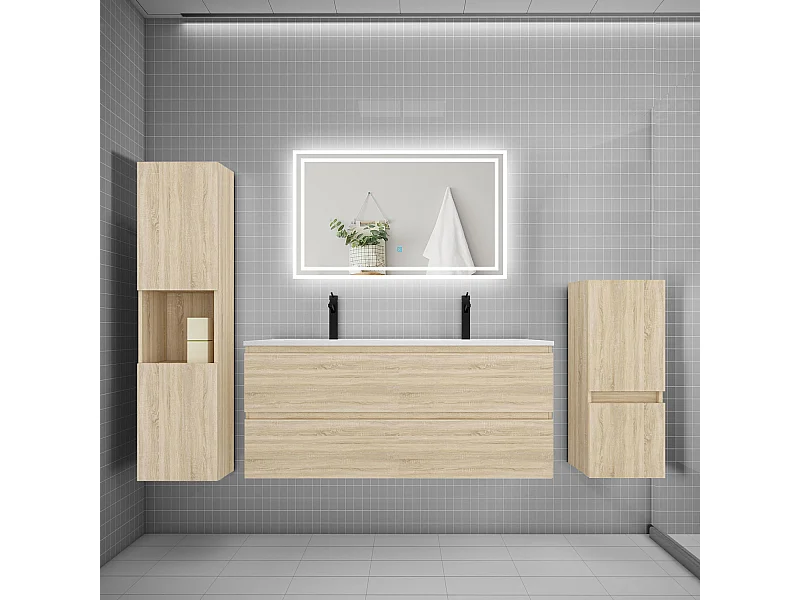 Ensemble meuble de salle de bain 120cm, double vasque + colonne + LED miroir,chêne