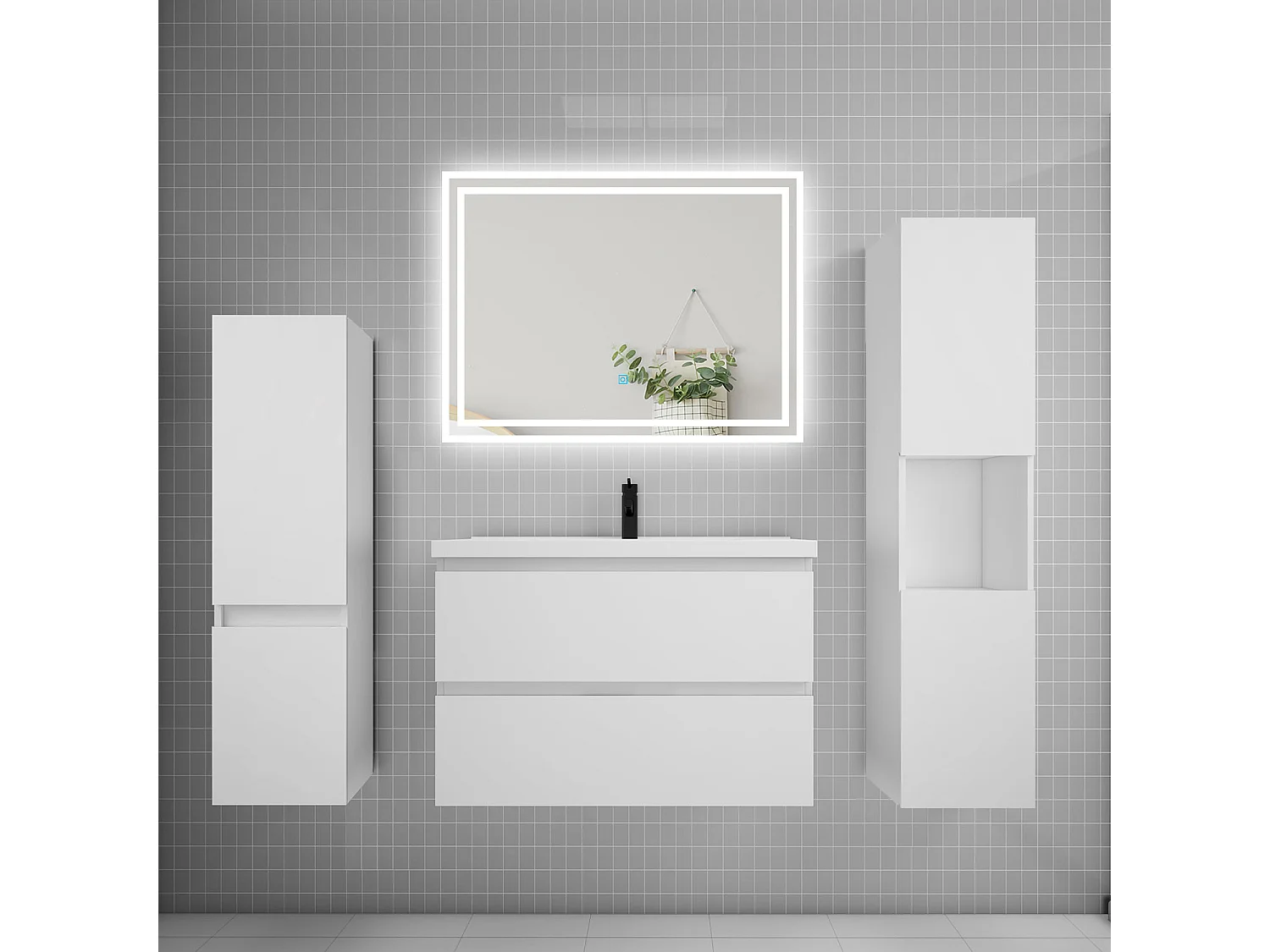 Ensemble meuble de salle de bains 80cm, simple vasque et colonne et LED miroir,blanc