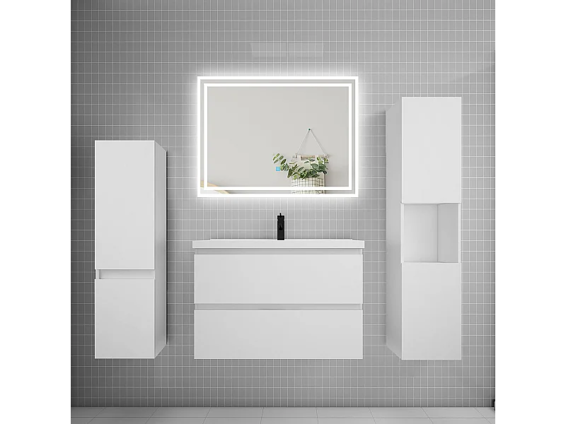 Ensemble meuble de salle de bains 80cm, simple vasque et colonne et LED miroir,blanc