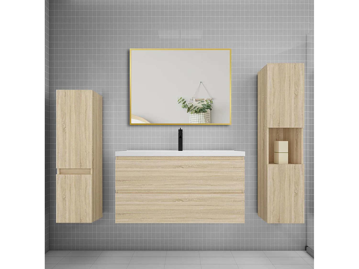 Ensemble meuble de salle de bains 100cm vasque + colonne + miroir mural,chêne