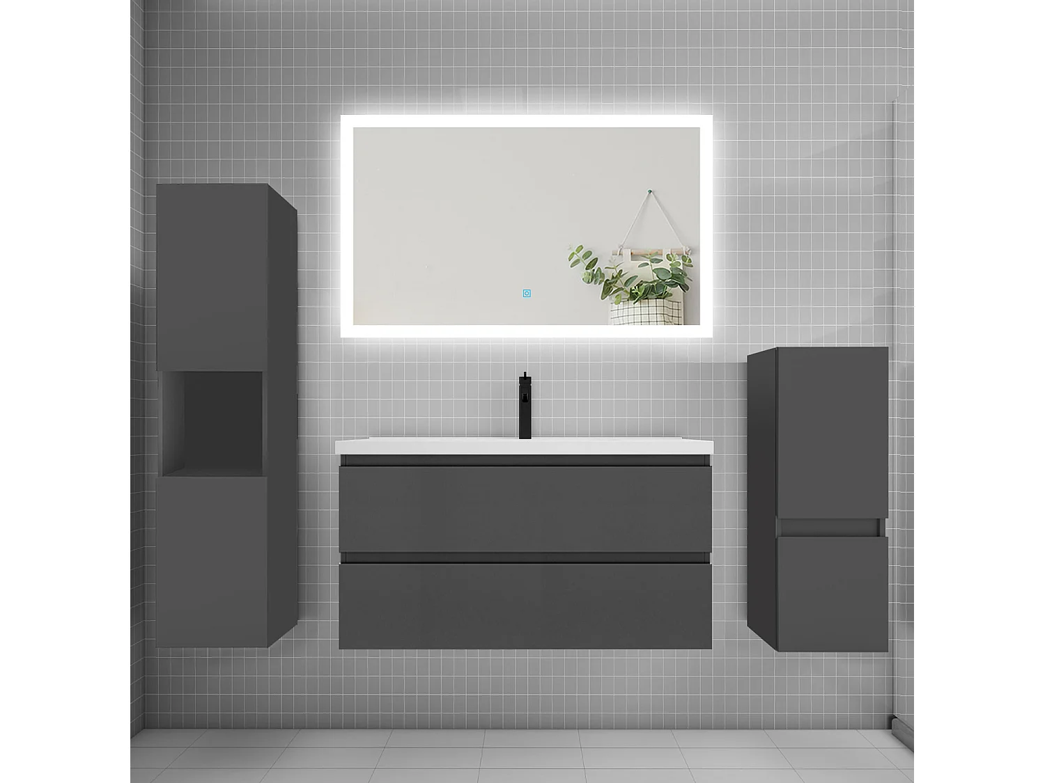 Ensemble meuble de salle de bain 100cm, simple vasque + colonne + LED miroir rectangulaire,anthracite