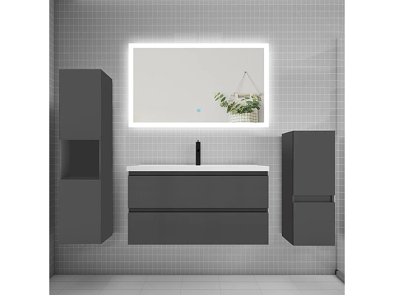 Ensemble meuble de salle de bain 100cm, simple vasque + colonne + LED miroir rectangulaire,anthracite