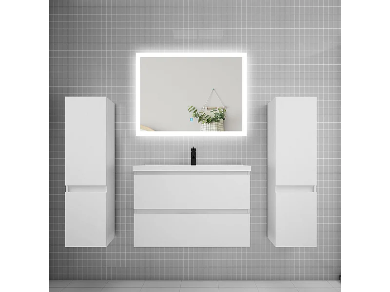 Ensemble meuble de salle de bains 80cm, simple vasque + colonne + miroir rectangulaire,blanc