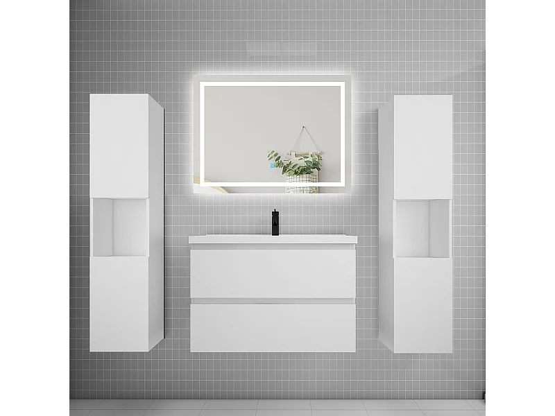 Ensemble meuble de salle de bains 80cm, vasque + colonne + LED miroir mural,blanc